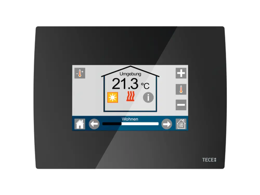 TECE-Bedieneinheit mit Touchscreen zur Temperaturregelung. Anzeige von 21,3 °C und Symbolen für Heizung und Info. Grafische Benutzeroberfläche mit Haus-Symbolen.